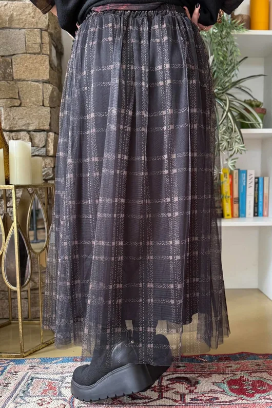Enid Plaid Tulle Midi Skirt Black